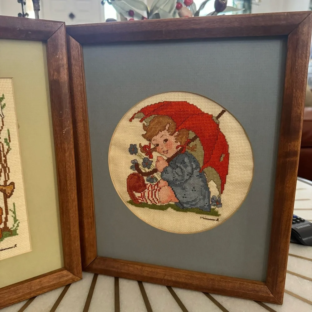 Vintage Set of 2 Hummel Needlepoint Framed Pictures Finished Handmade 9” x11”